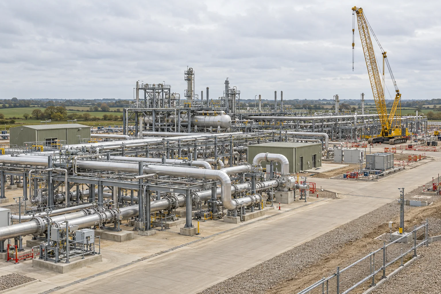 Illustrative gas infrastructure construction site with pipe racks and a yellow crane