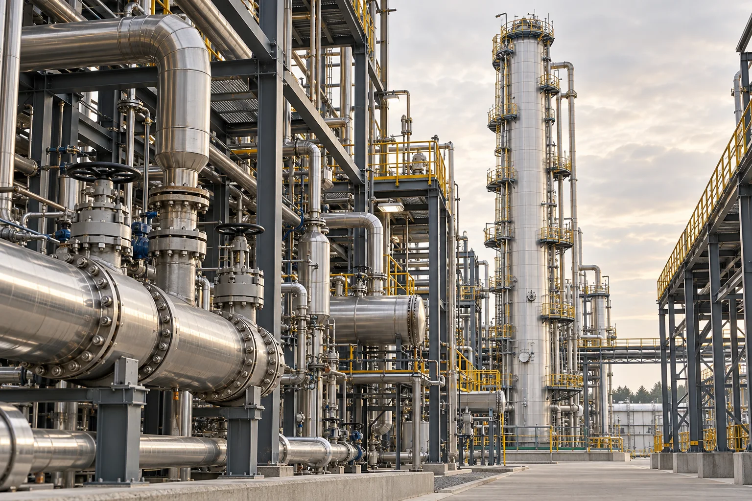 Illustrative process infrastructure with coordinated steelwork, pipe routes and access platforms